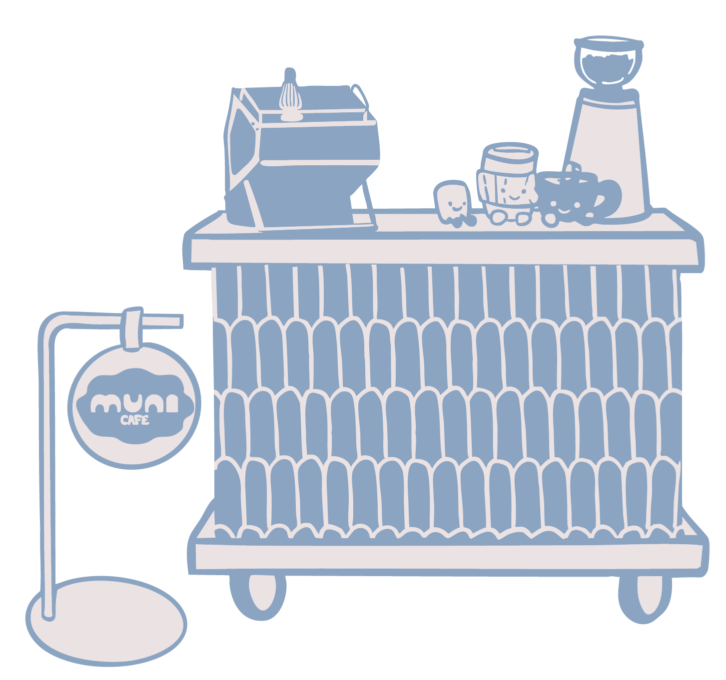 A cartoon illustration of a blue and white cafe stand with a variety of coffee and beverage items on top, a hanging sign reading 'muni cafe', and a beverage container on the right.