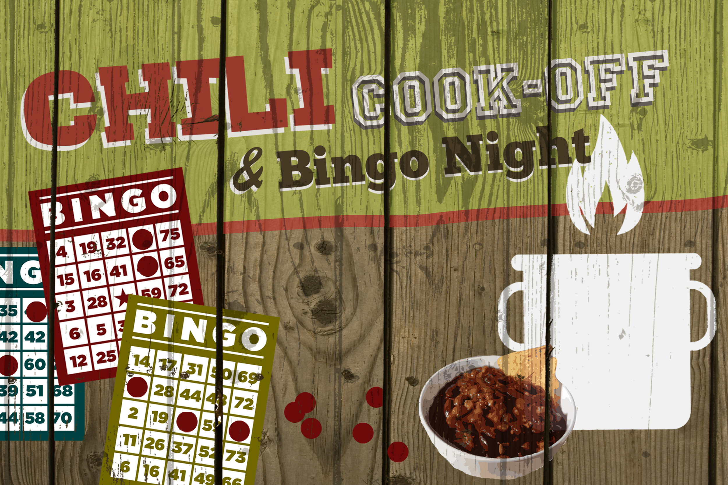 A rustic wooden sign promoting a chili cook-off and bingo night, featuring bingo cards, a bowl of chili, and a steaming pot.