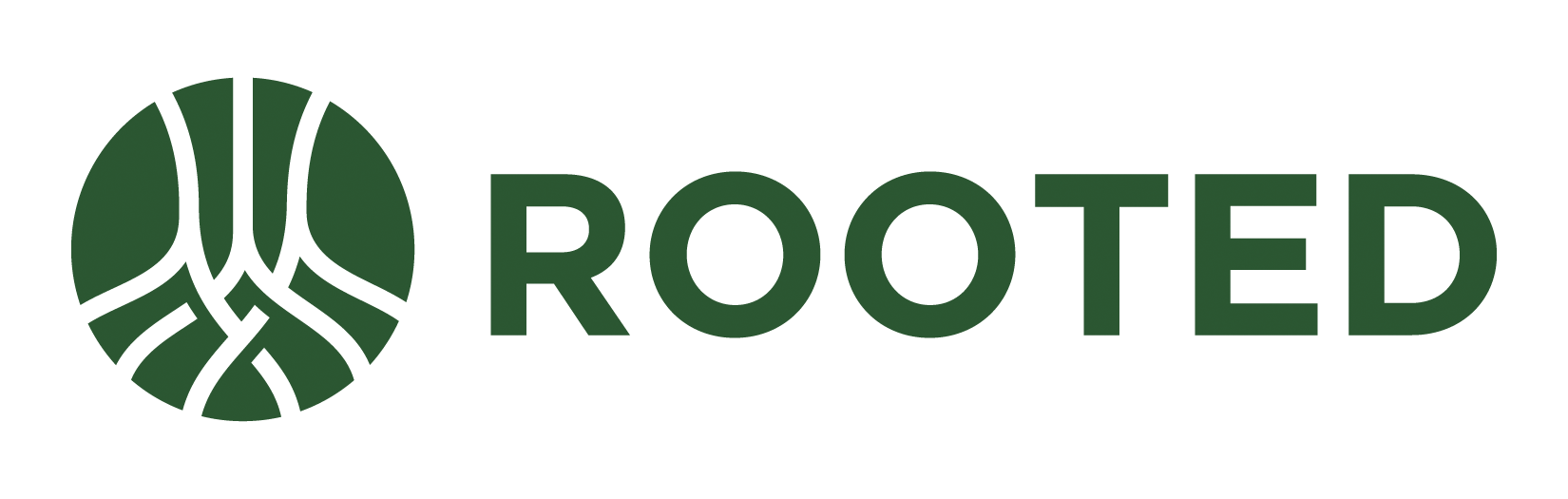 A logo with a green circular symbol featuring a stylized tree inside, accompanied by the word 'ROOTED' in large green capital letters.