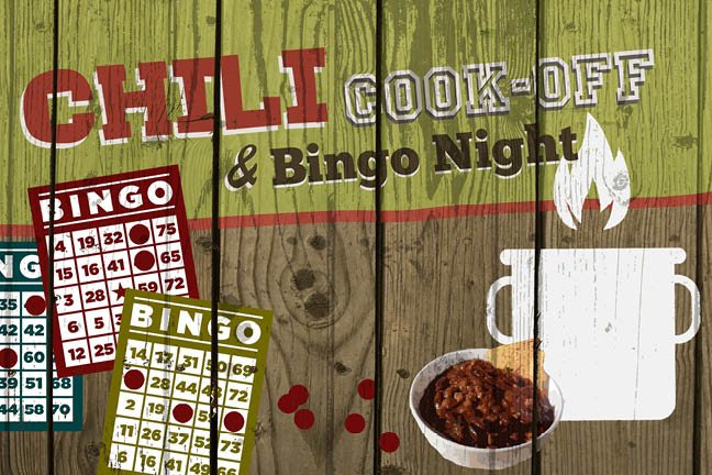 A weathered wooden wall with a green and brown finish, decorated for a chili cook-off and bingo night. The sign features large red letters spelling 'CHILI' and smaller black text for 'COOK-OFF & Bingo Night.' There are two bingo cards, one red and one yellow, with numbers marked off. To the right, there is a white pot with a flame graphic above it, and a bowl of chili nearby.