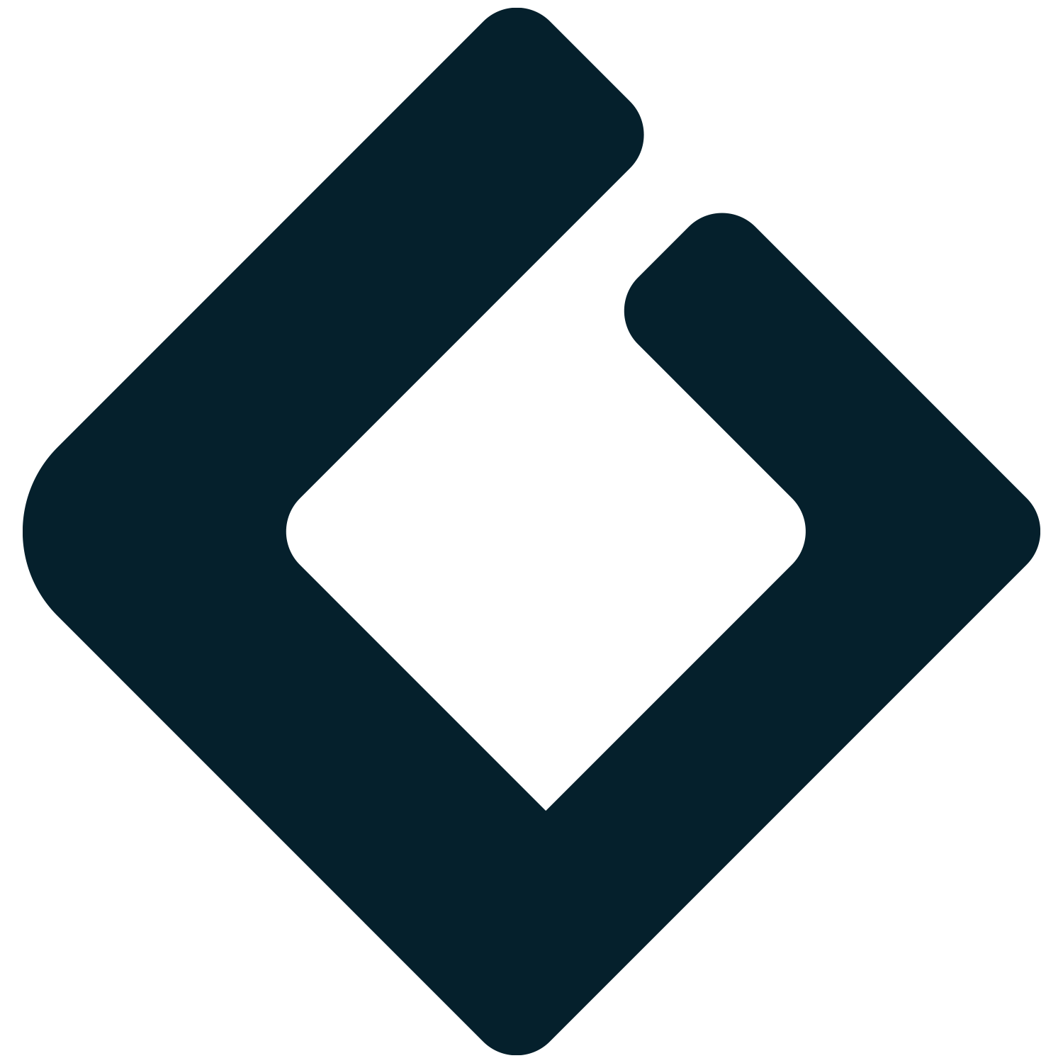 A geometric logo with a sense of depth, consisting of a large diamond shape formed by two interlocking blue shapes with rounded corners.