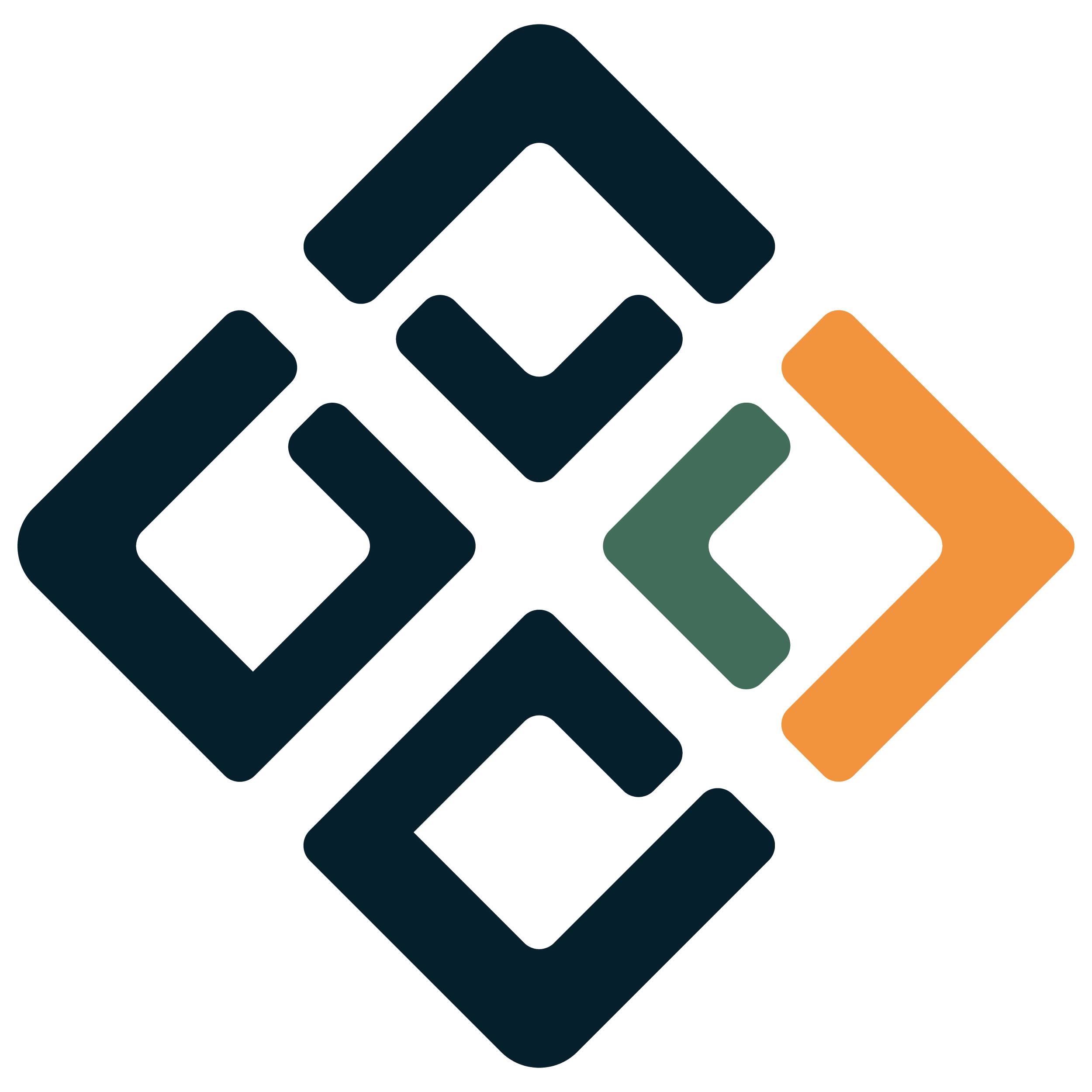 Abstract geometric logo with interconnected diamond shapes in black, green, and orange colors.