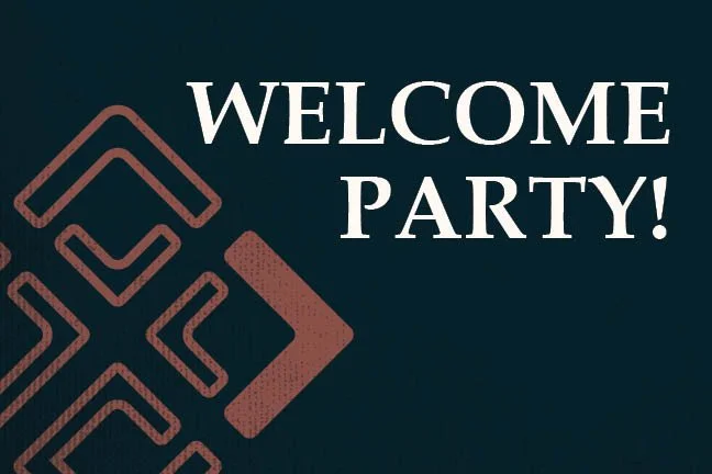 A dark blue background with a pink geometric design on the left and the words 'WELCOME PARTY!' in white capital letters on the right.