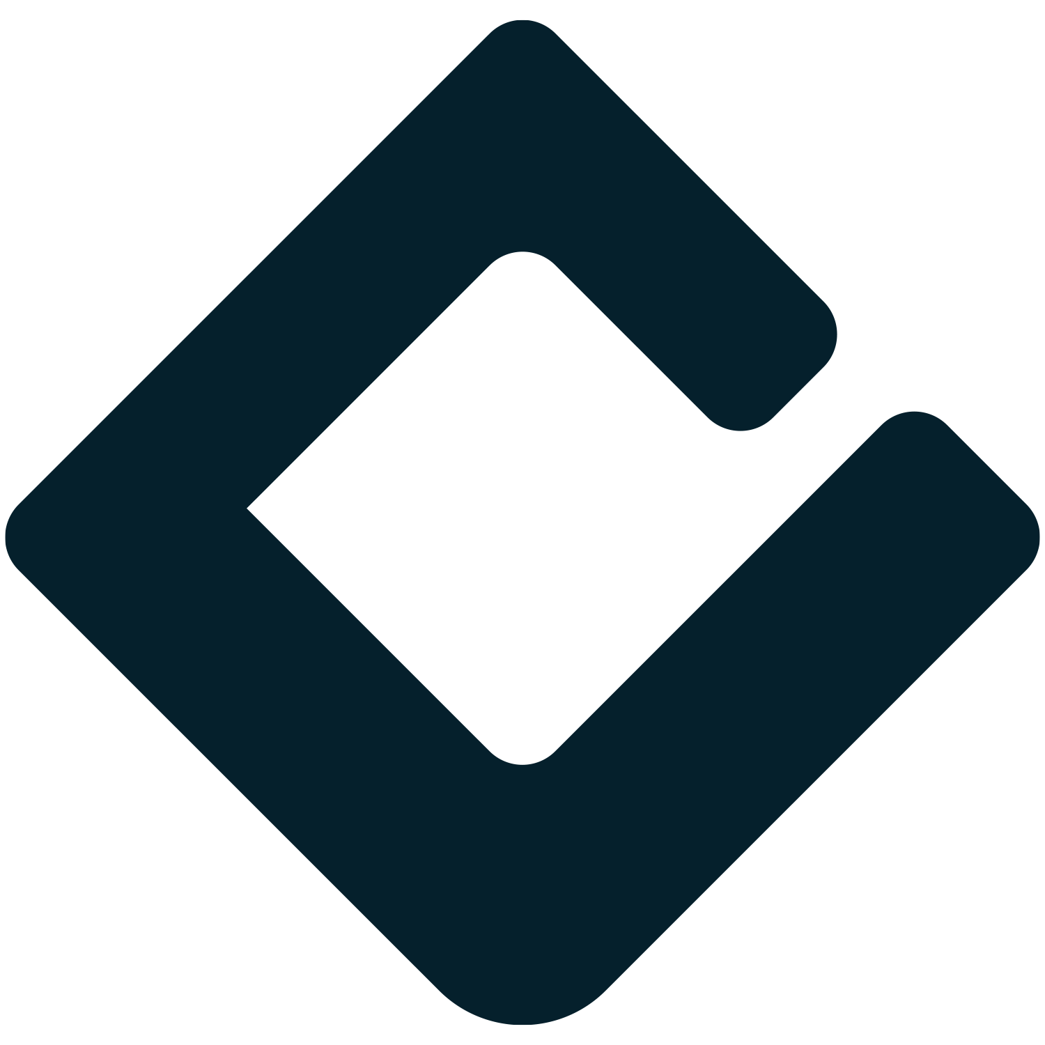 Abstract black and dark blue geometric logo with a diamond shape in the center, surrounded by four thick, rounded, elongated shapes.