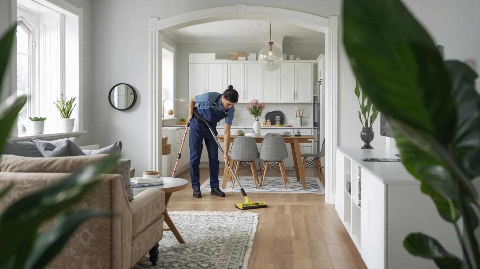 A person cleaning the wooden floor of a living room with a yellow mop, visible through large green leaves in the foreground.