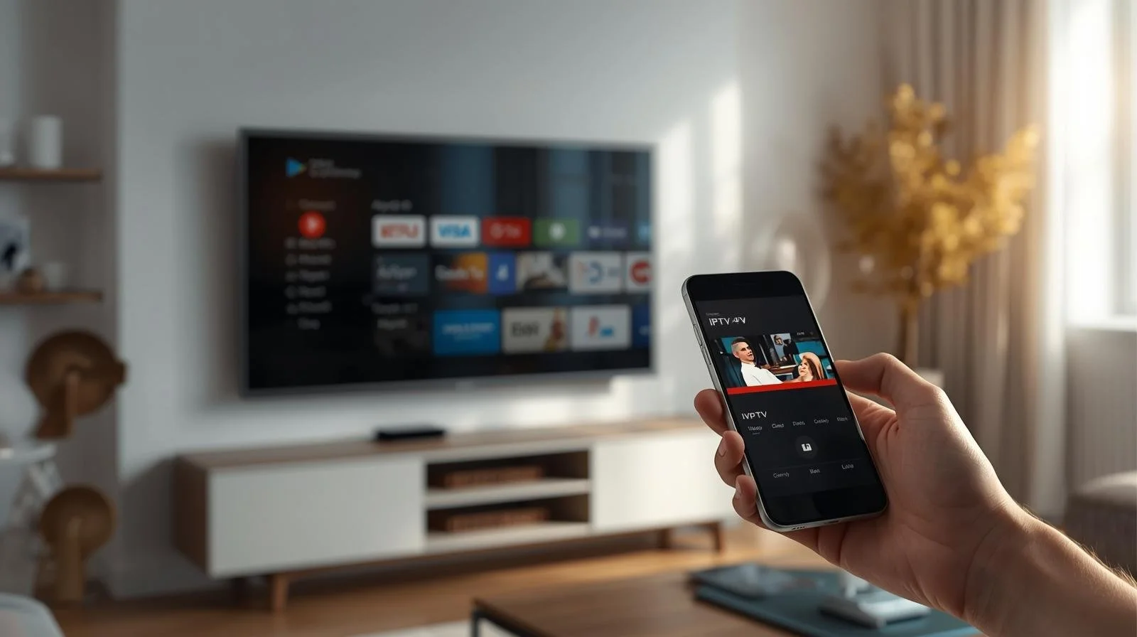 Person holding a smartphone in front of a television in a living room, with the TV displaying streaming options.