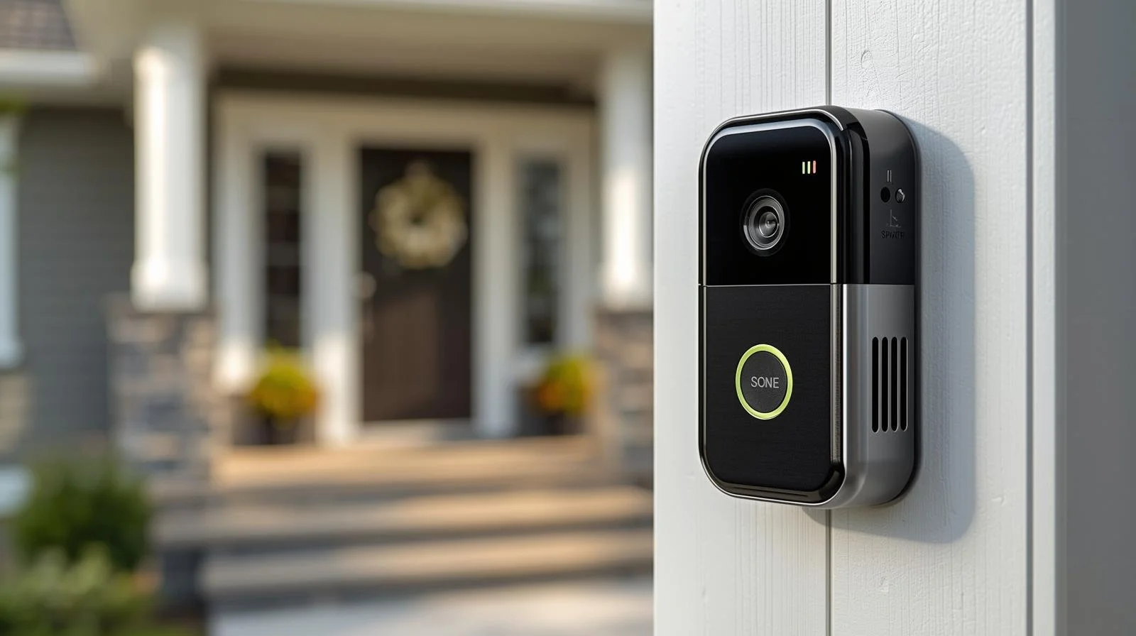 A modern video doorbell mounted on a white wall in front of a house with blurred front porch and door in the background.