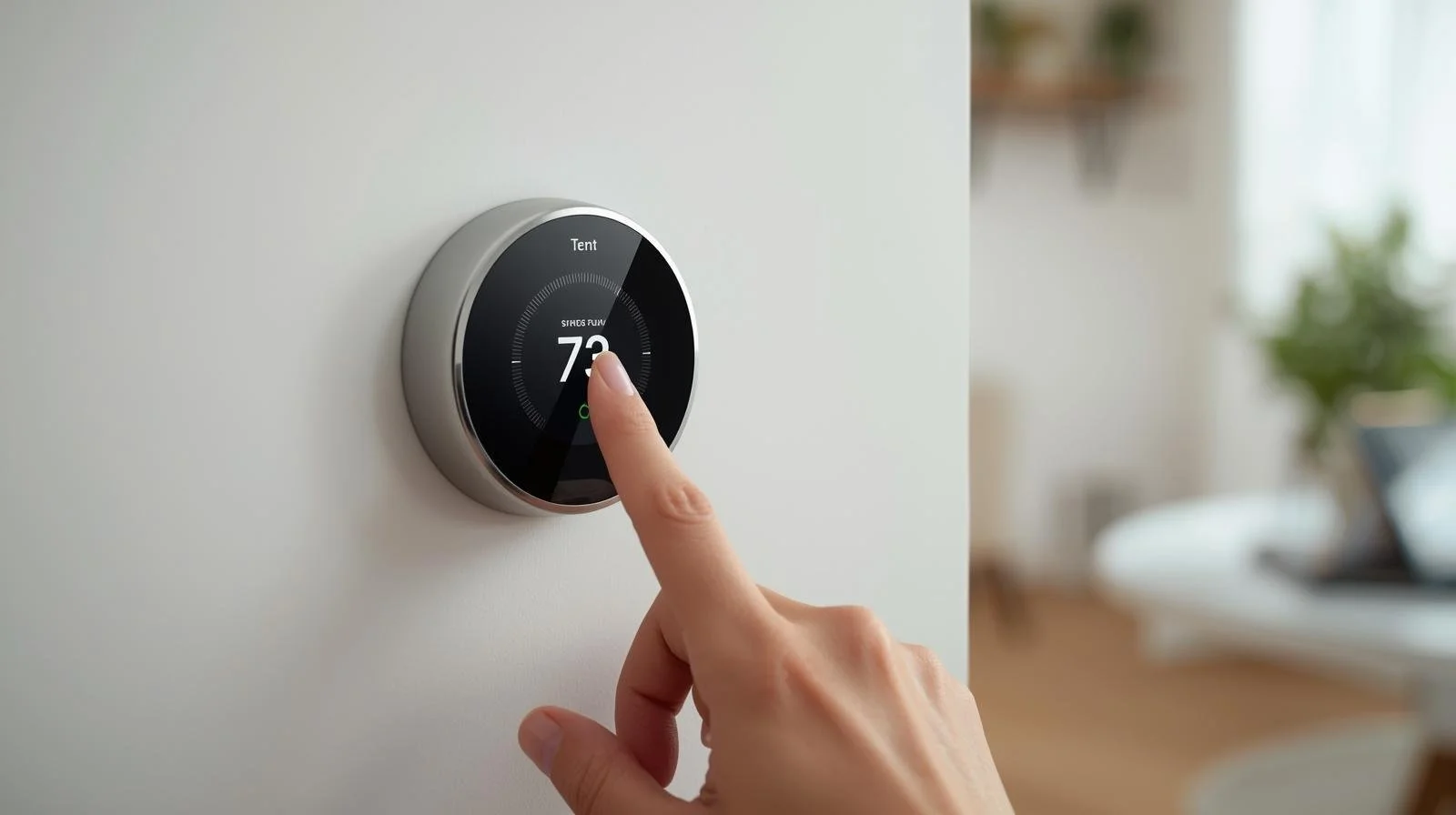 A person adjusting a digital thermostat on a wall, set to 73 degrees.