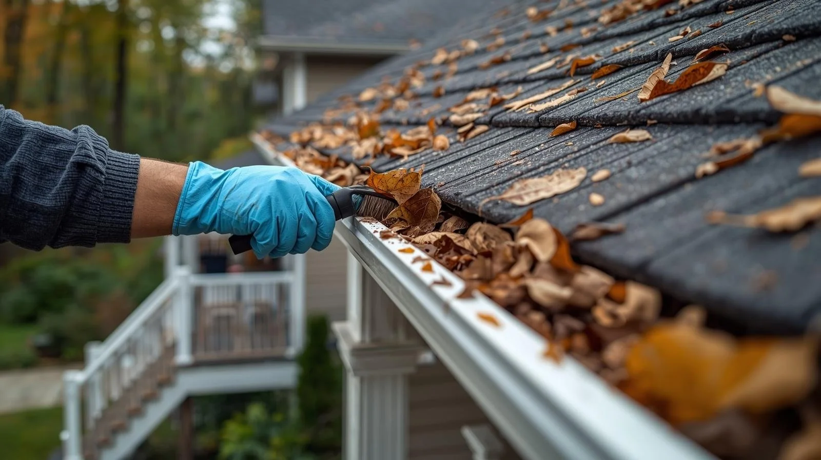 Person wearing a blue glove raking fallen leaves from a roof gutter.
