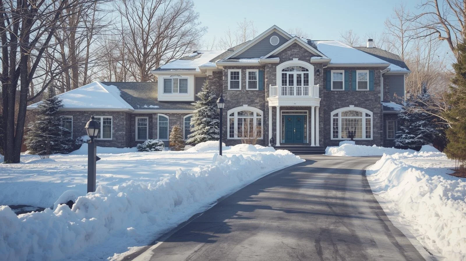 Large brick house with a snow-covered lawn and driveway, trees with snow in the background, and street lamps in front.