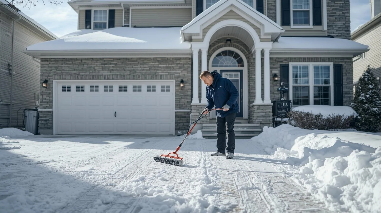 Man clearing snow from driveway in front of house with snow-covered yard and house with stone and siding exterior