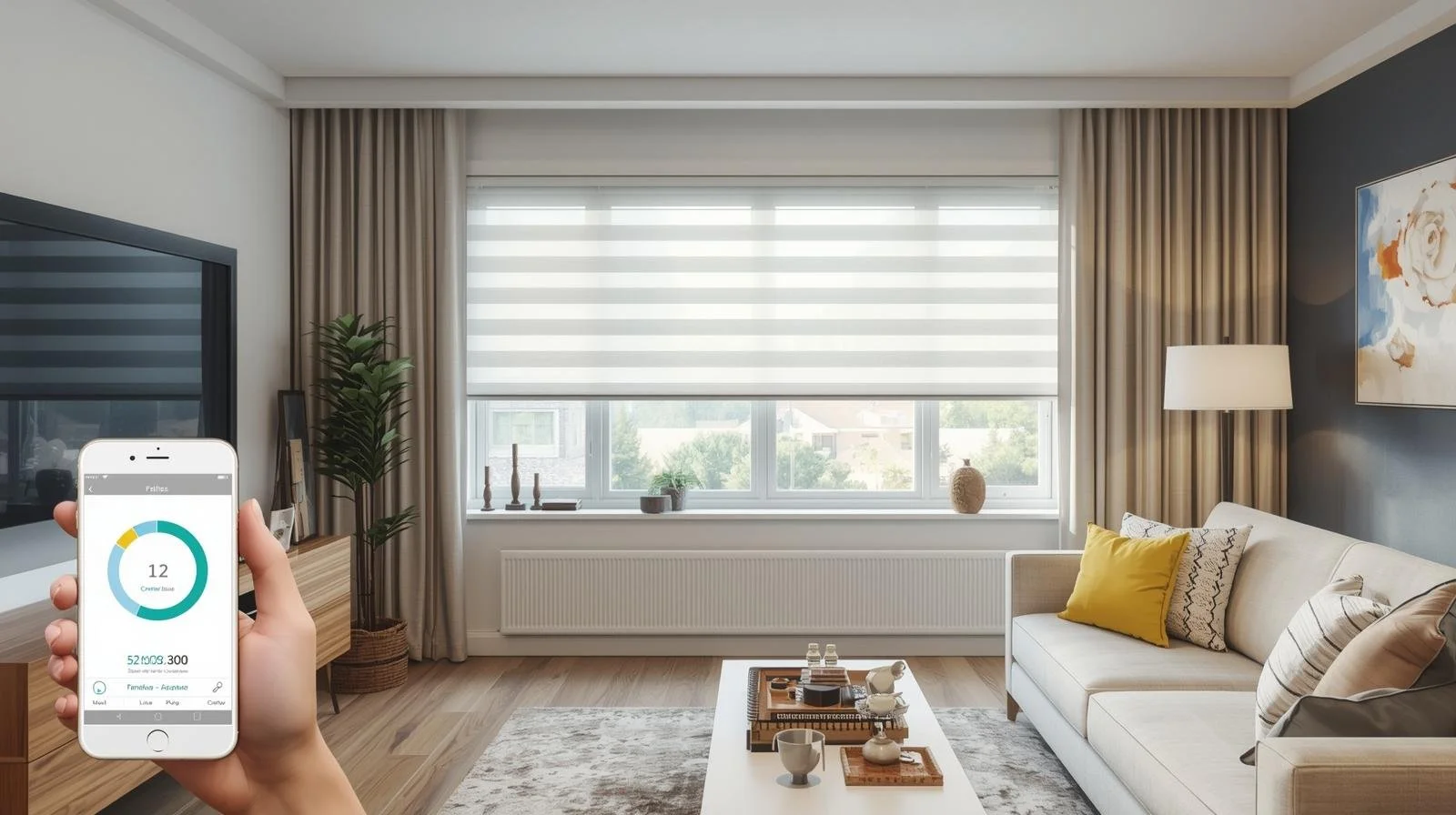 Living room with a large window, beige sofa with yellow and patterned cushions, coffee table, potted plant, and decorative items on a sideboard. A person holds a smartphone with a health app displaying a heart rate of 12.