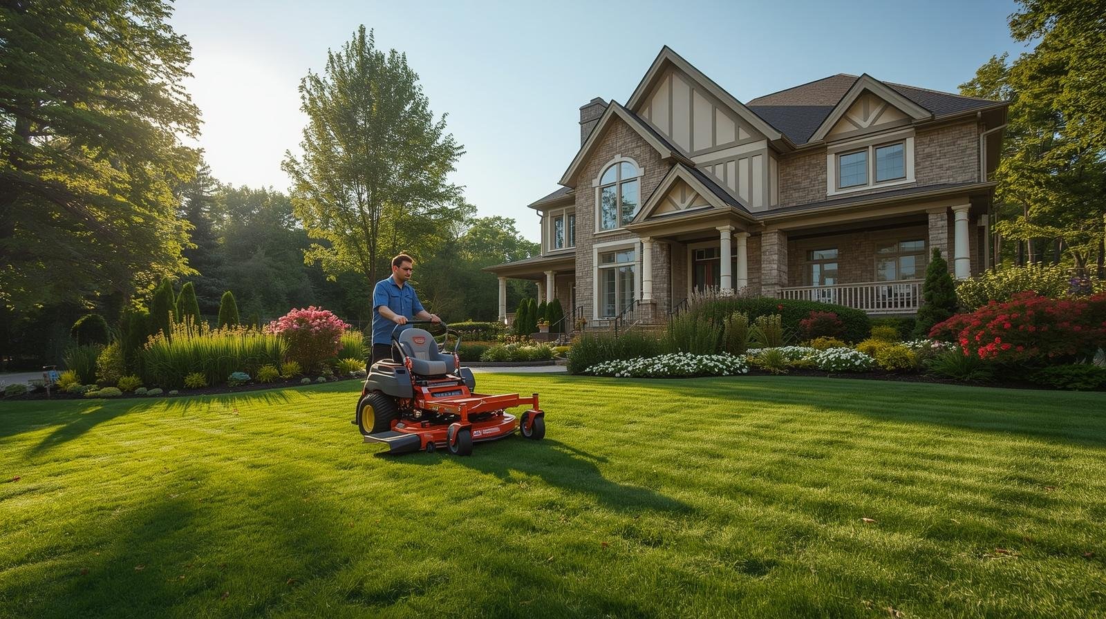 A man is mowing a lush green lawn in front of a large, two-story house with a landscaped garden, surrounded by trees on a sunny day.
