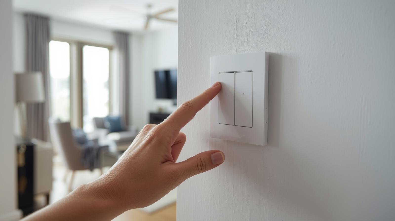 A person pressing the light switch in a modern home living room.