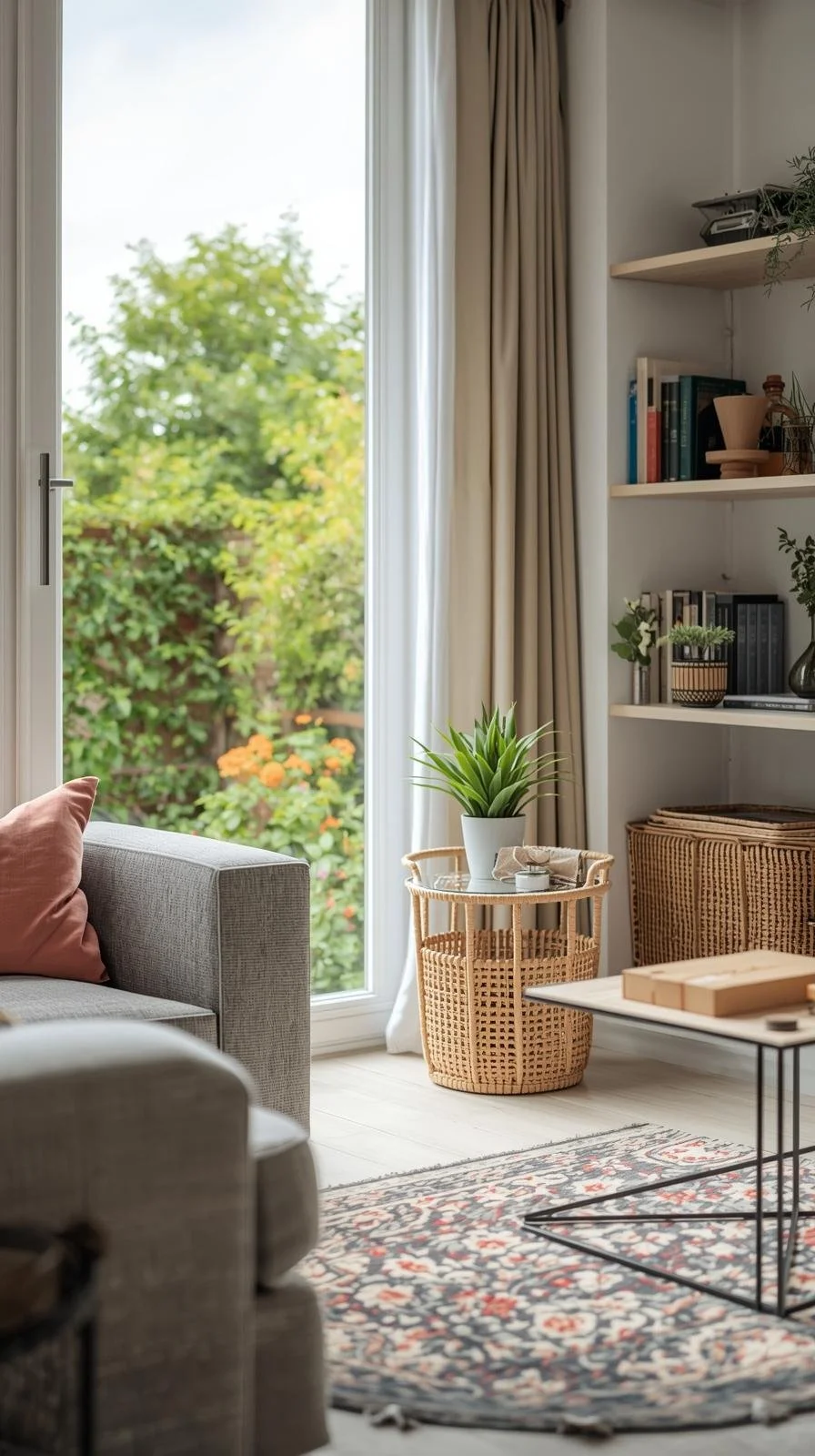 Living room with gray sofa, rattan side table with a potted plant, bookshelf, woven storage basket, and glass door with white curtains leading outside to greenery.