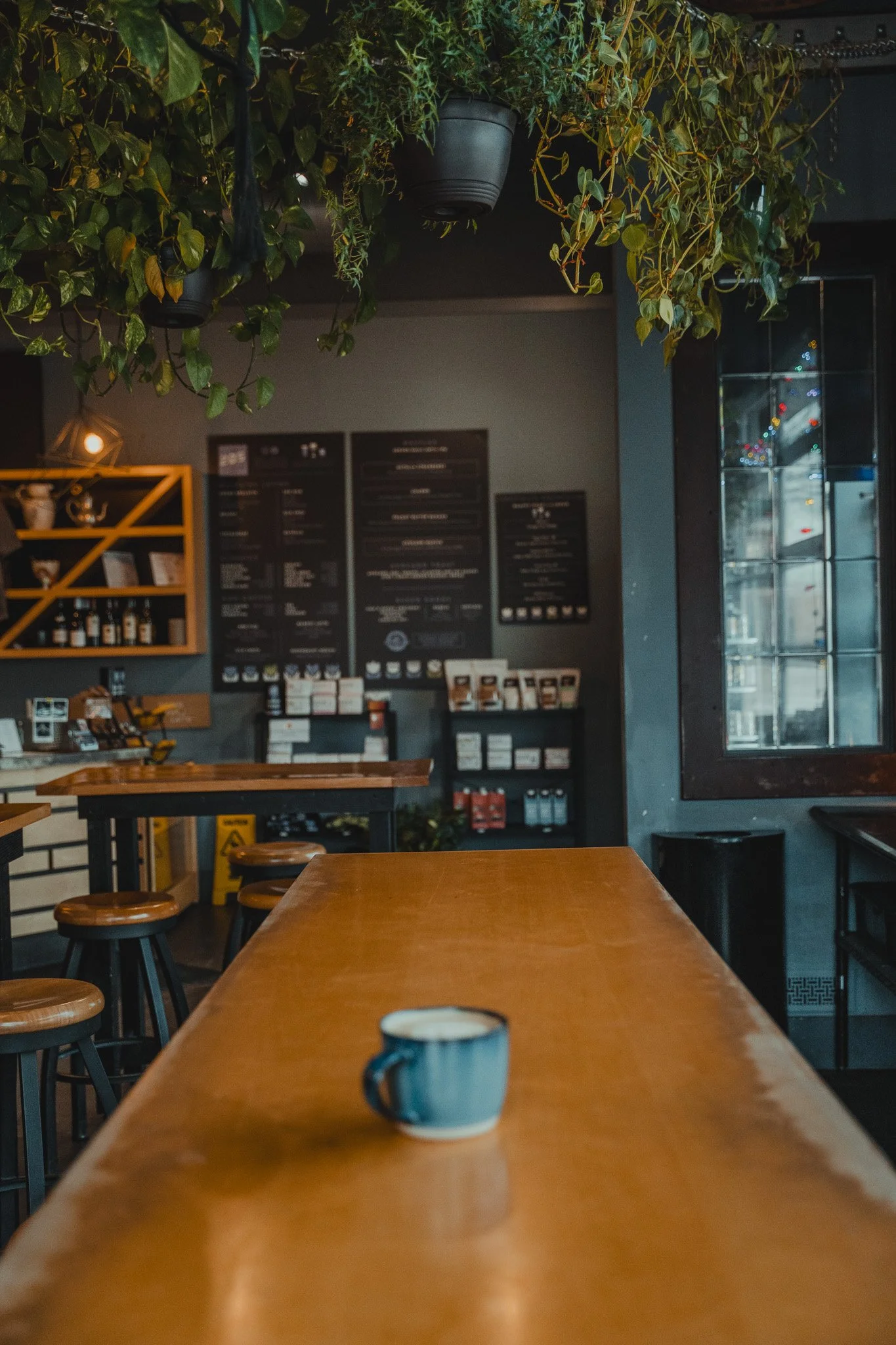 A coffee shop interior with a wooden table and a steaming mug in the foreground, hanging plants above, and a menu on the wall in the background.