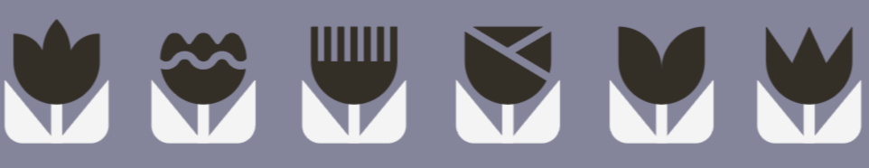Six stylized tulip flower icons in a row on a purple background.