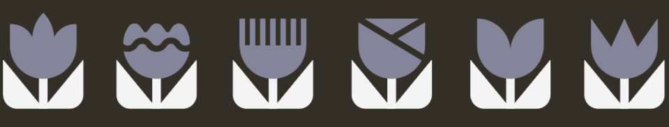 Six stylized tulip flower icons in a horizontal row against a dark background.