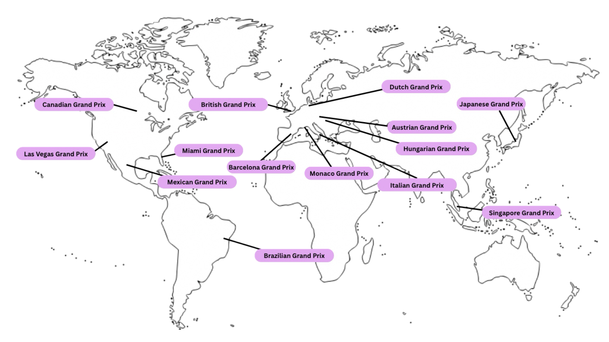 Map of the world showing locations of Formula 1 Grand Prix races in various countries, including Canada, UK, Netherlands, Austria, Japan, Qatar, Singapore, Brazil, Mexico, Monaco, Italy, and Hungary, with labels in purple.