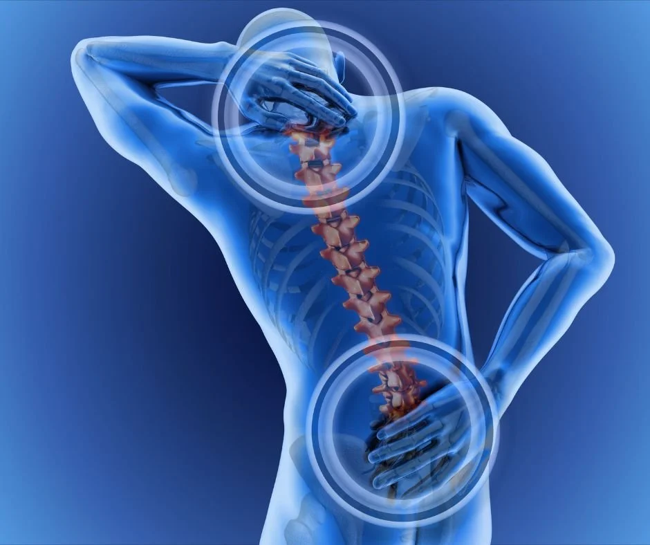 Digital illustration of a person experiencing back and neck pain, highlighting the spine with red areas and circular touch points around the neck and lower back.