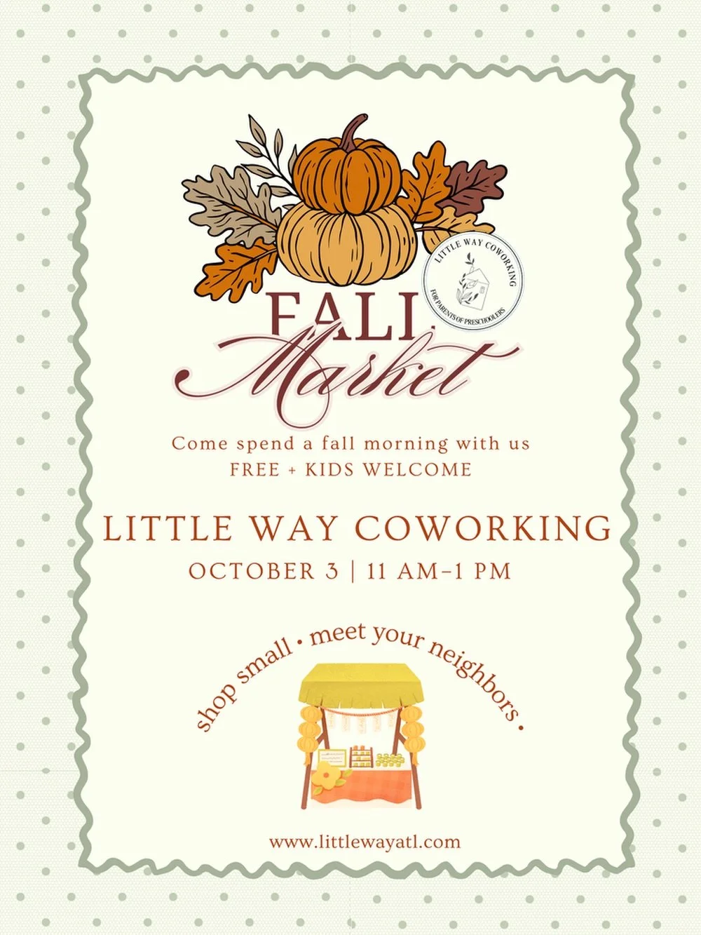 Looking for something FREE to do with the kids this Saturday? 🍂

Come spend the morning with us at Little Way&rsquo;s Fall Market in downtown Lawrenceville!

We&rsquo;ll have coffee, fresh bakery treats, a kids&rsquo; nail painting station, handmade