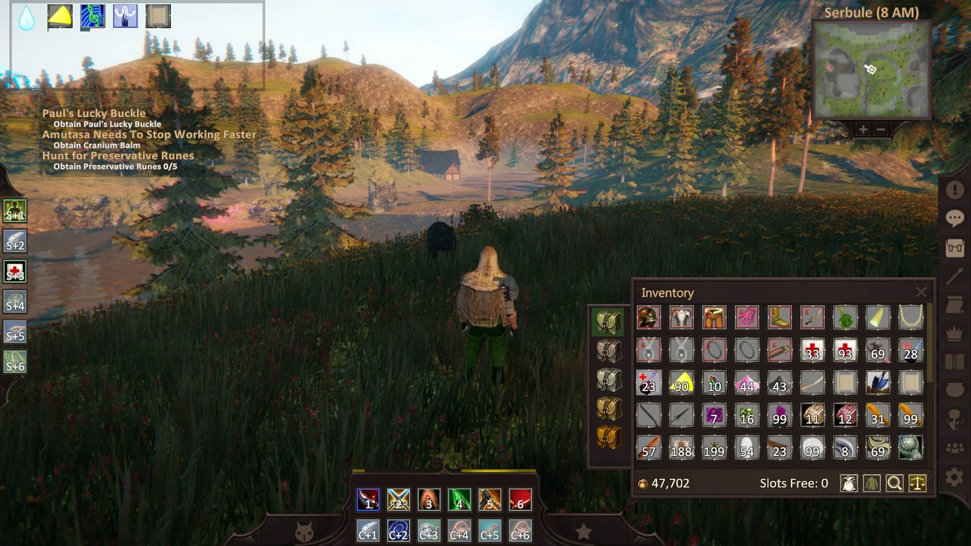 Video game screenshot showing a character standing in a grassy field with trees and mountains in the background. The game's user interface includes a minimap, quests, inventory, and action buttons.