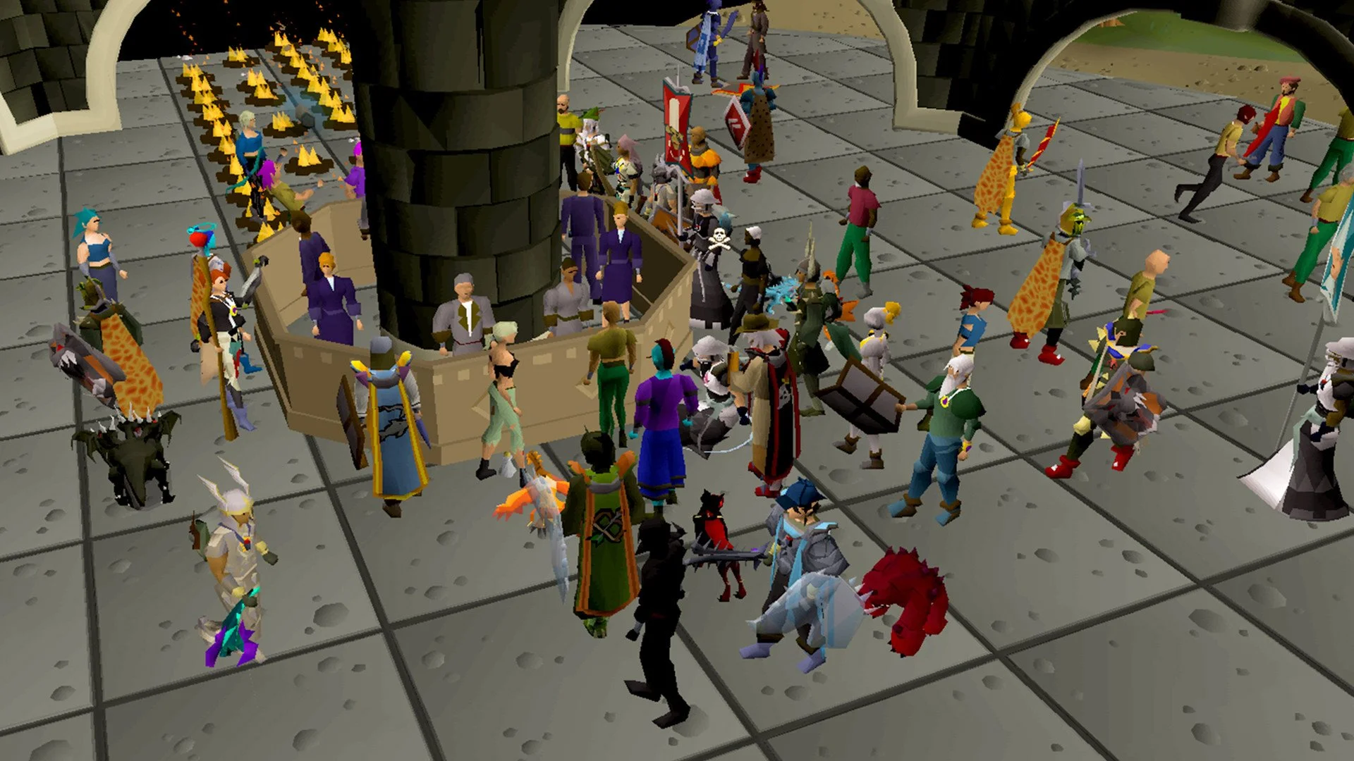 Screenshot from a game showing a gathering of fantasy characters, including humans, animals, and mythical creatures, around a central structure in a populated area.