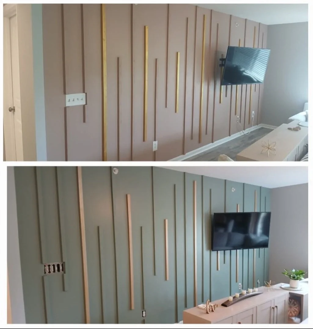 Comparison of a living room wall with decorative wooden slats, showing before and after renovation with different paint colors.