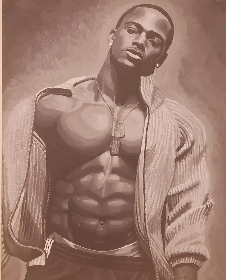 A monochrome digital painting of a muscular woman with short hair, wearing a zippered jacket off her shoulders, showing her defined abs and chest, with a dog tag necklace.