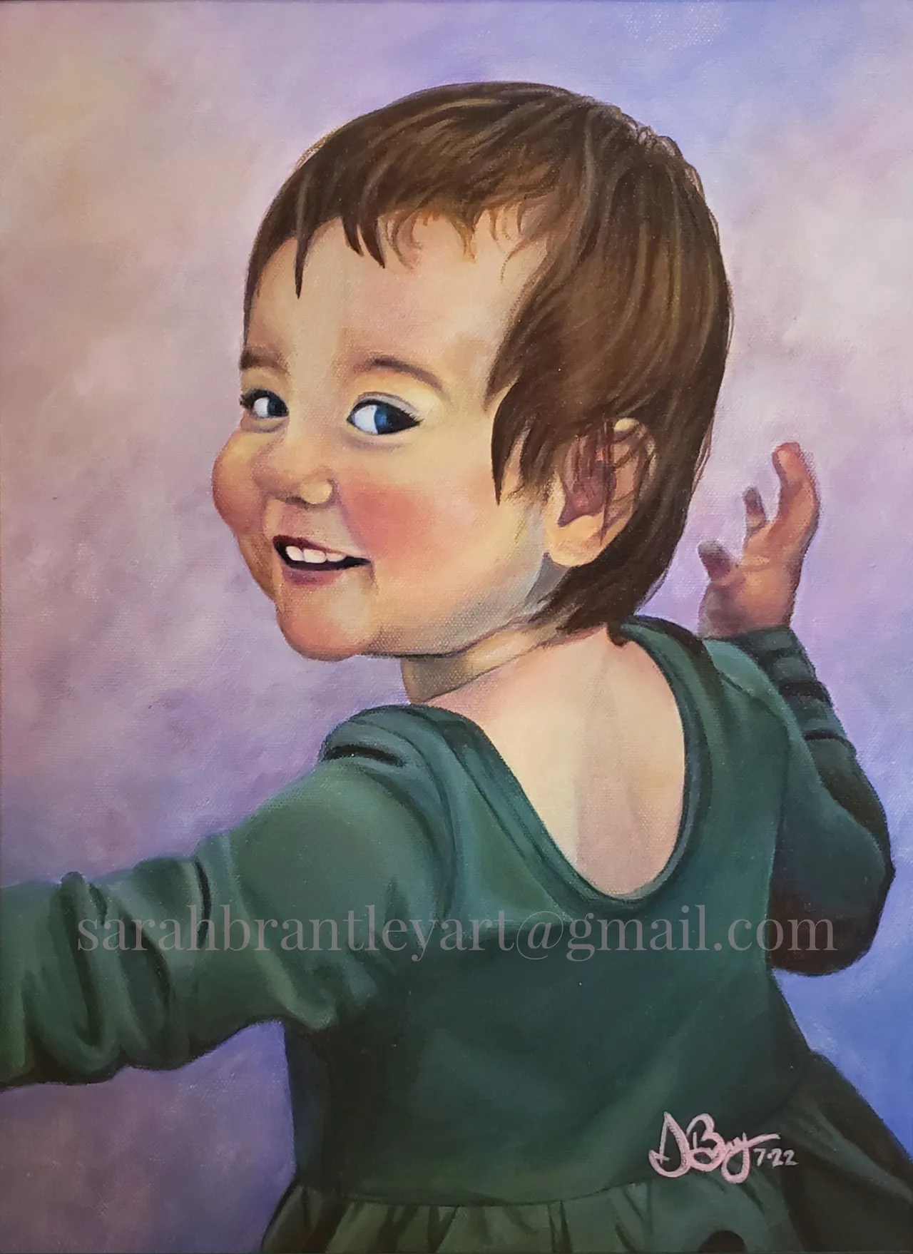 A painting of a smiling young child with short brown hair, blue eyes, and a flushed face. The child is wearing a dark green shirt and appears to be reaching out or waving. The background is a soft blend of pastel colors.