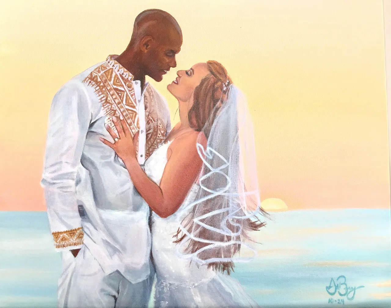 A painting of a man and a woman in wedding attire, embracing by the water at sunset.