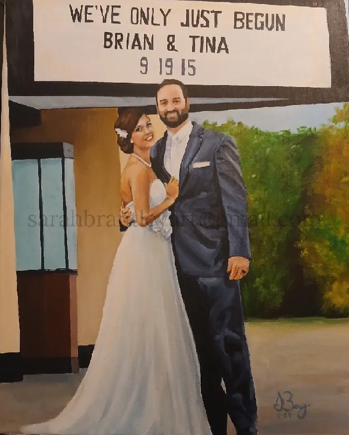 Painting of a bride and groom standing together, with a church sign overhead that reads 'We've Only Just Begun Brian & Tina 9 19 15', celebrating their wedding on September 19, 2015.