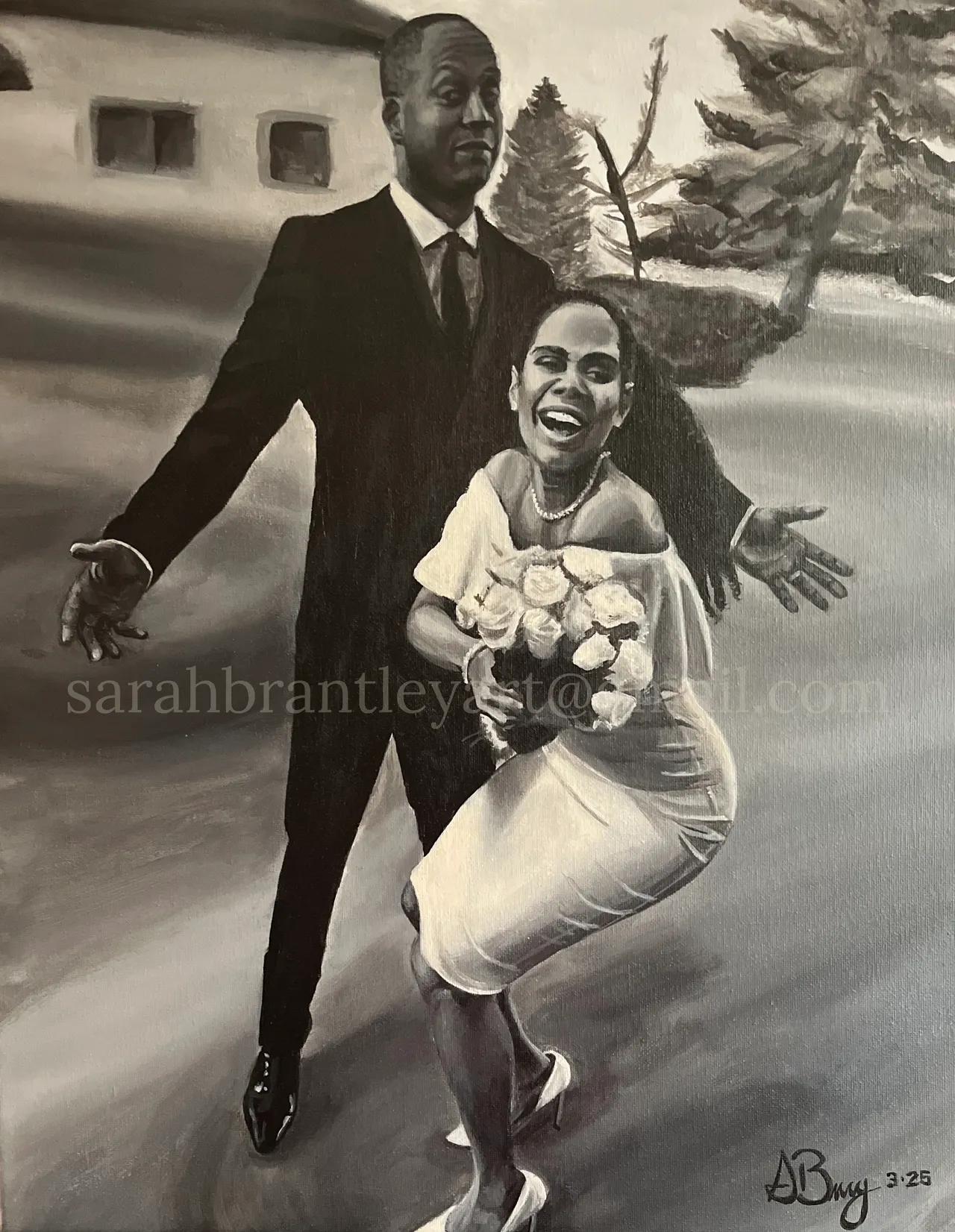 A black-and-white painting of a man and woman at a celebration or wedding. The woman is holding a bouquet of roses and appears joyful, while the man stands behind her with arms open. The background depicts a natural outdoor scene with trees.