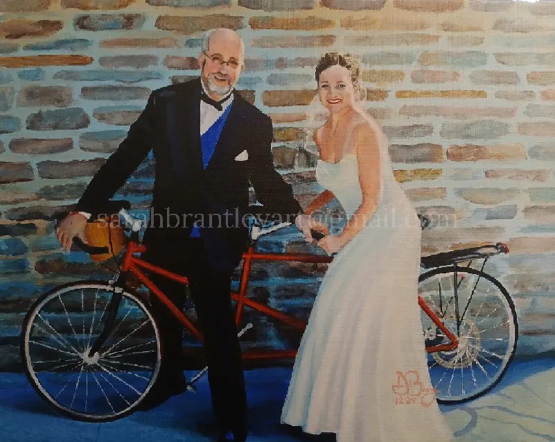 Painting of a smiling man and woman in wedding attire standing in front of a stone wall, with a tandem bicycle.