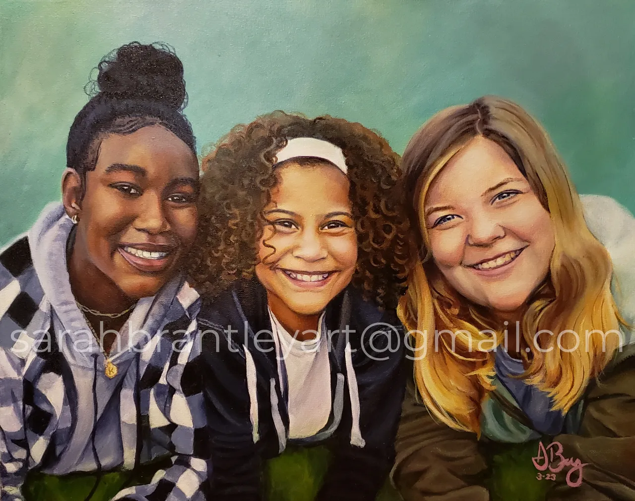 Group of three women smiling outdoors against a green background, with diverse hairstyles and casual clothing