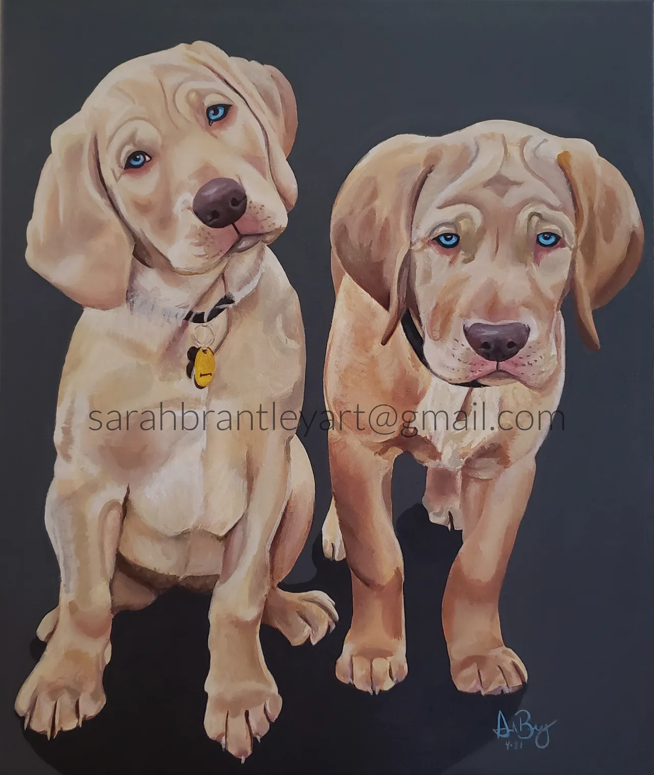Painting of two adorable yellow Labrador retriever puppies with blue eyes, sitting side by side against a dark background. One has a slightly tilted head, wearing a collar with tags, and the other looks straight ahead with a calm expression.