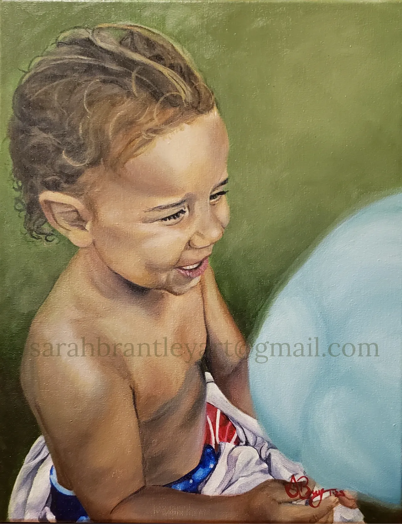 Painting of a young child with curly hair, smiling, sitting on a towel near a pool, with a big inflatable float in the background.