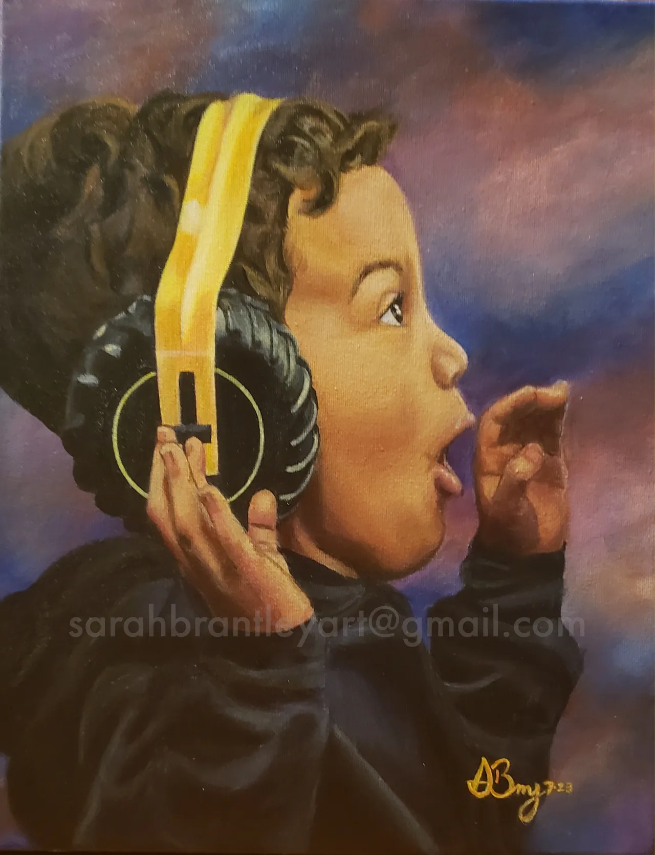 A realistic painting of a woman listening to music with large headphones, holding one side with her hand, with her mouth open as if singing or surprised, against a colorful, cloudy background.