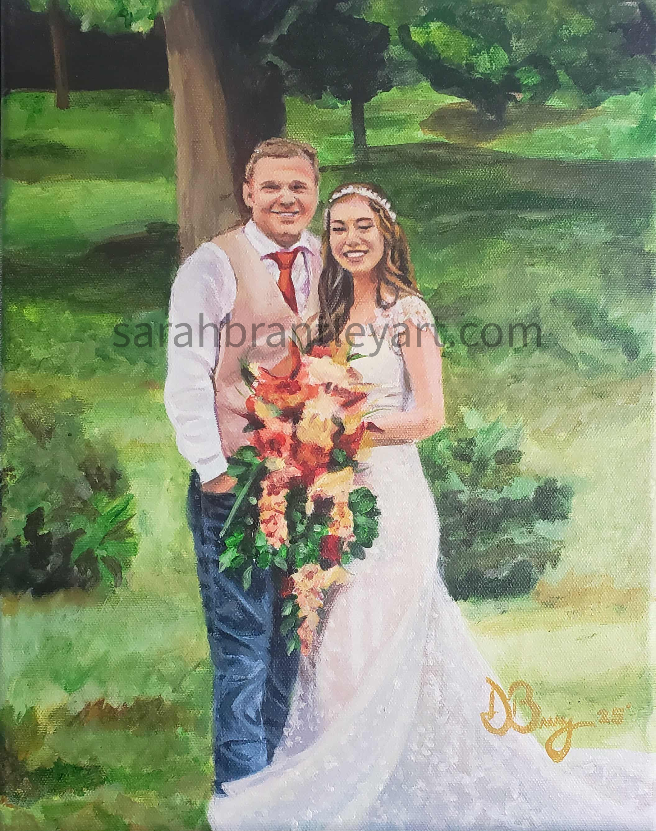 A painting of a newlywed couple smiling in a park, with the bride in a white wedding dress holding a vibrant bouquet and the groom in a vest and tie standing beside her, green trees and grass in the background.