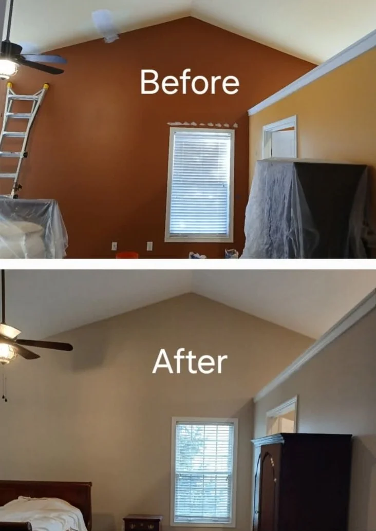 Comparison of a room before and after renovation showing a change from a dark orange wall to a beige wall.