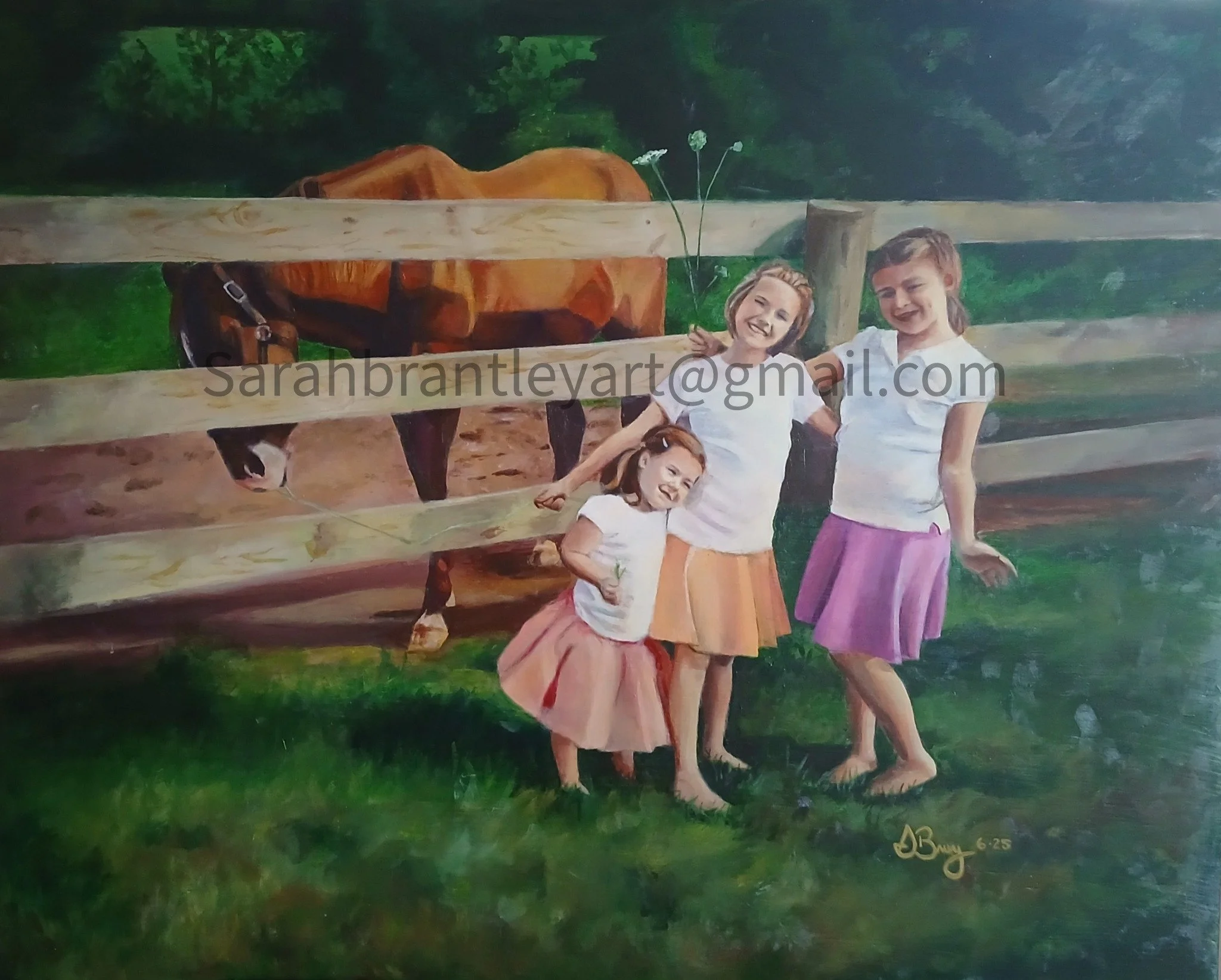 A painting of three young girls smiling and posing in front of a wooden fence with a brown horse behind it. The girls are wearing casual clothing with skirts, and the background features green foliage and grass.