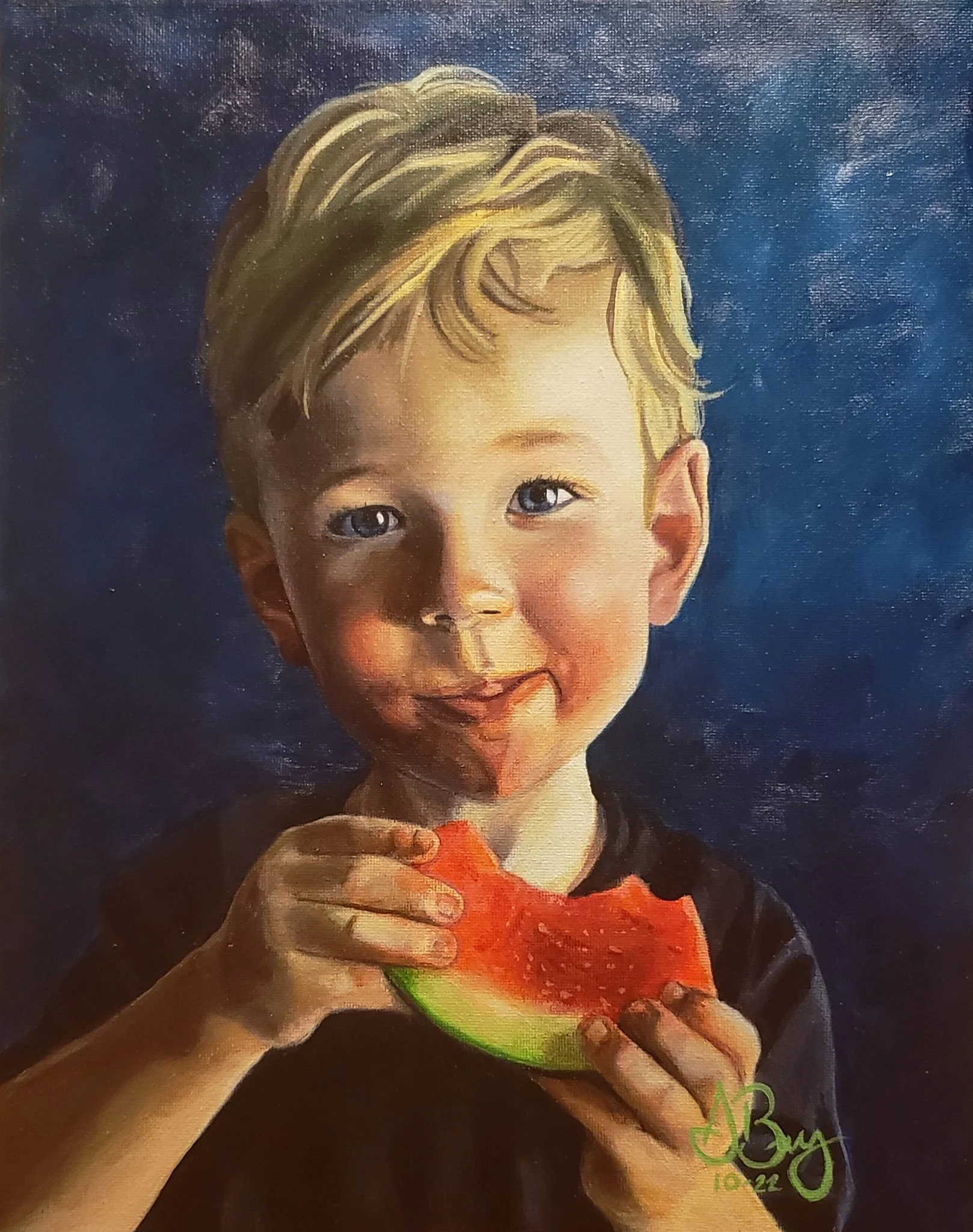 Painting of a young boy with blond hair eating a slice of watermelon against a dark blue background.