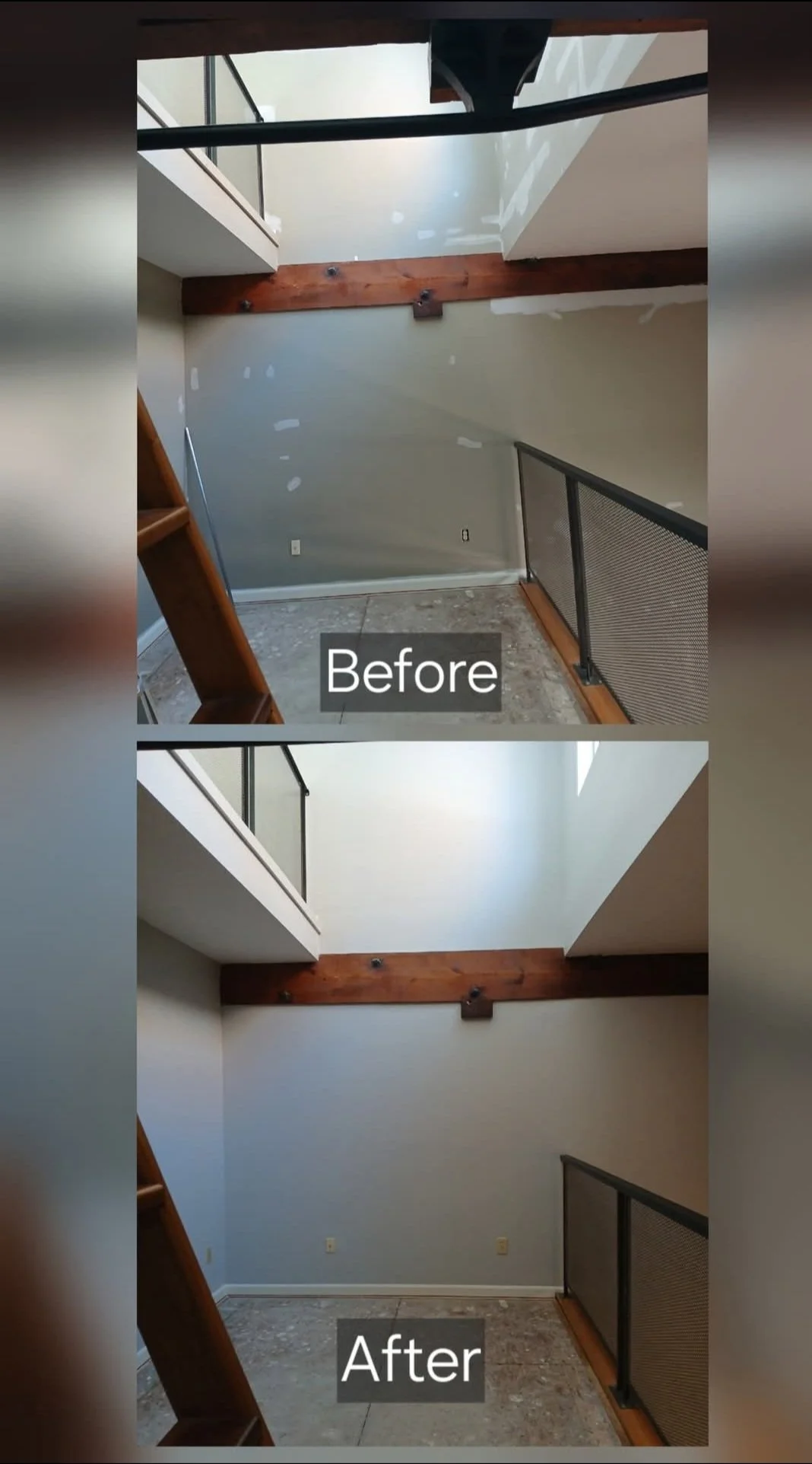 Comparison of a room before and after renovation showing cleaned and painted walls, with a visible wooden beam and railings.
