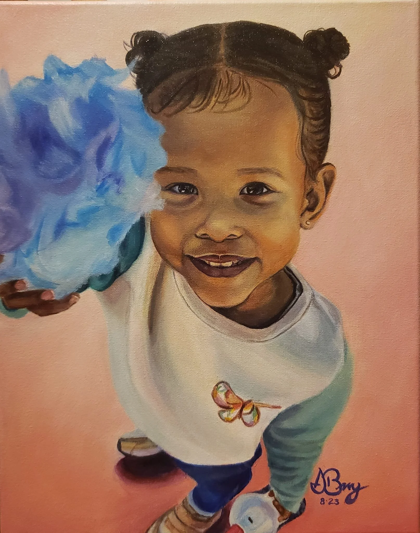 Painting of a young girl with dark hair styled in two buns, holding blue cotton candy, wearing a white shirt with a butterfly design, smiling at the camera, with a pink background.