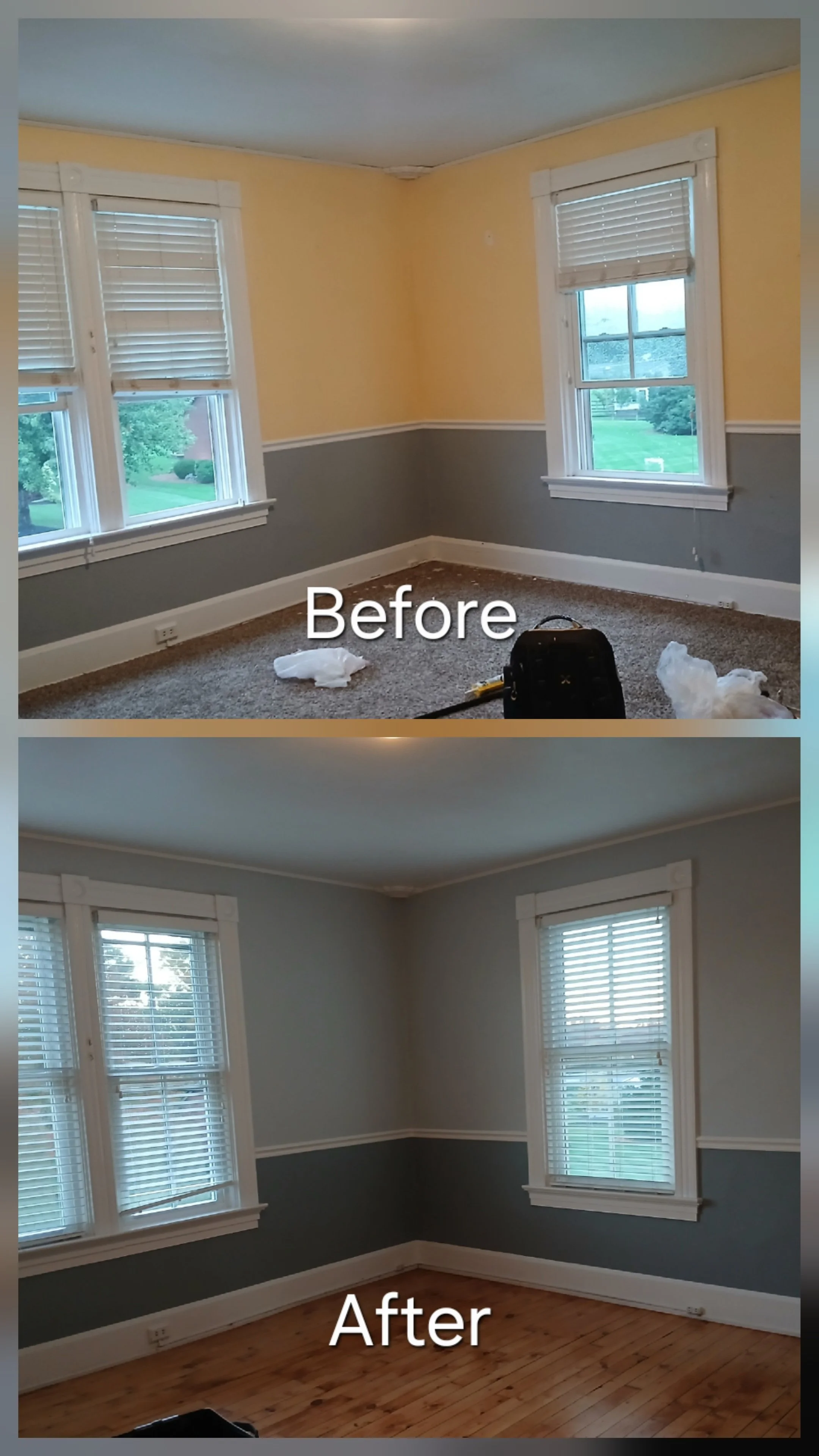 Comparison of a room before and after painting and flooring update. The top image labeled 'Before' shows a room with yellow walls, gray lower half, carpet flooring, and two large windows. The bottom image labeled 'After' features light blue walls wit