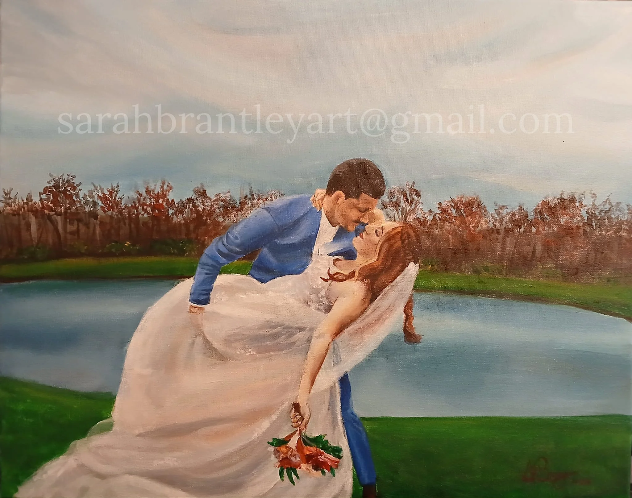 A romantic painting of a man in a blue suit dipping a woman in a white dress by a lake with a forest in the background, holding a bouquet of flowers.