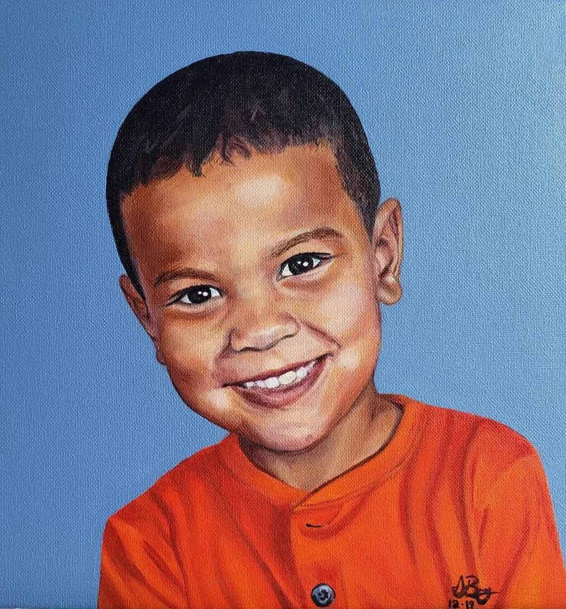 A painting of a young boy with short dark hair, smiling, wearing an orange shirt against a blue background.