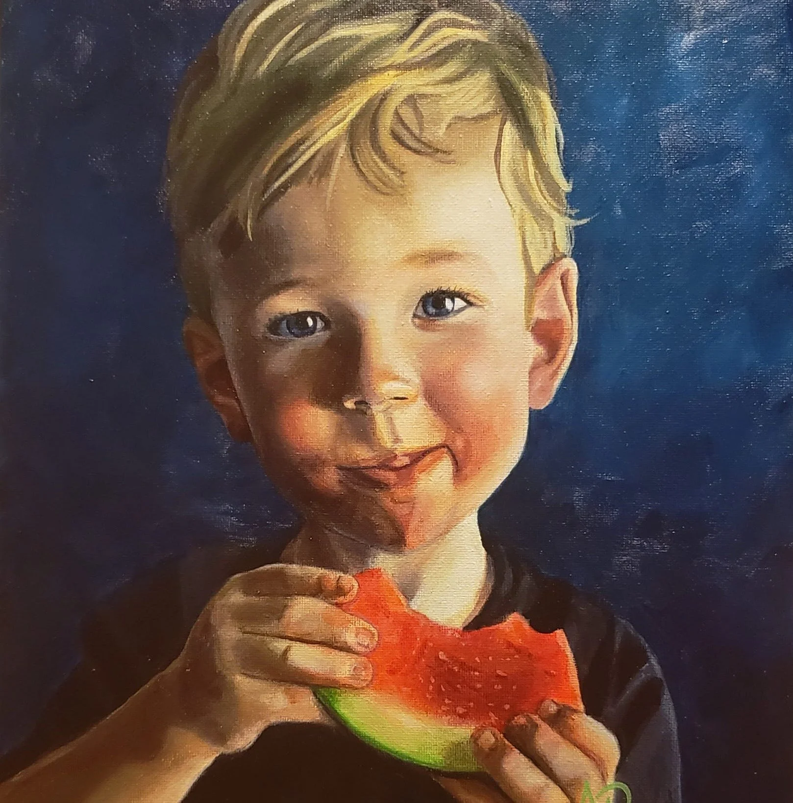 Painting of a young boy with blond hair and blue eyes, smiling and holding a slice of watermelon.