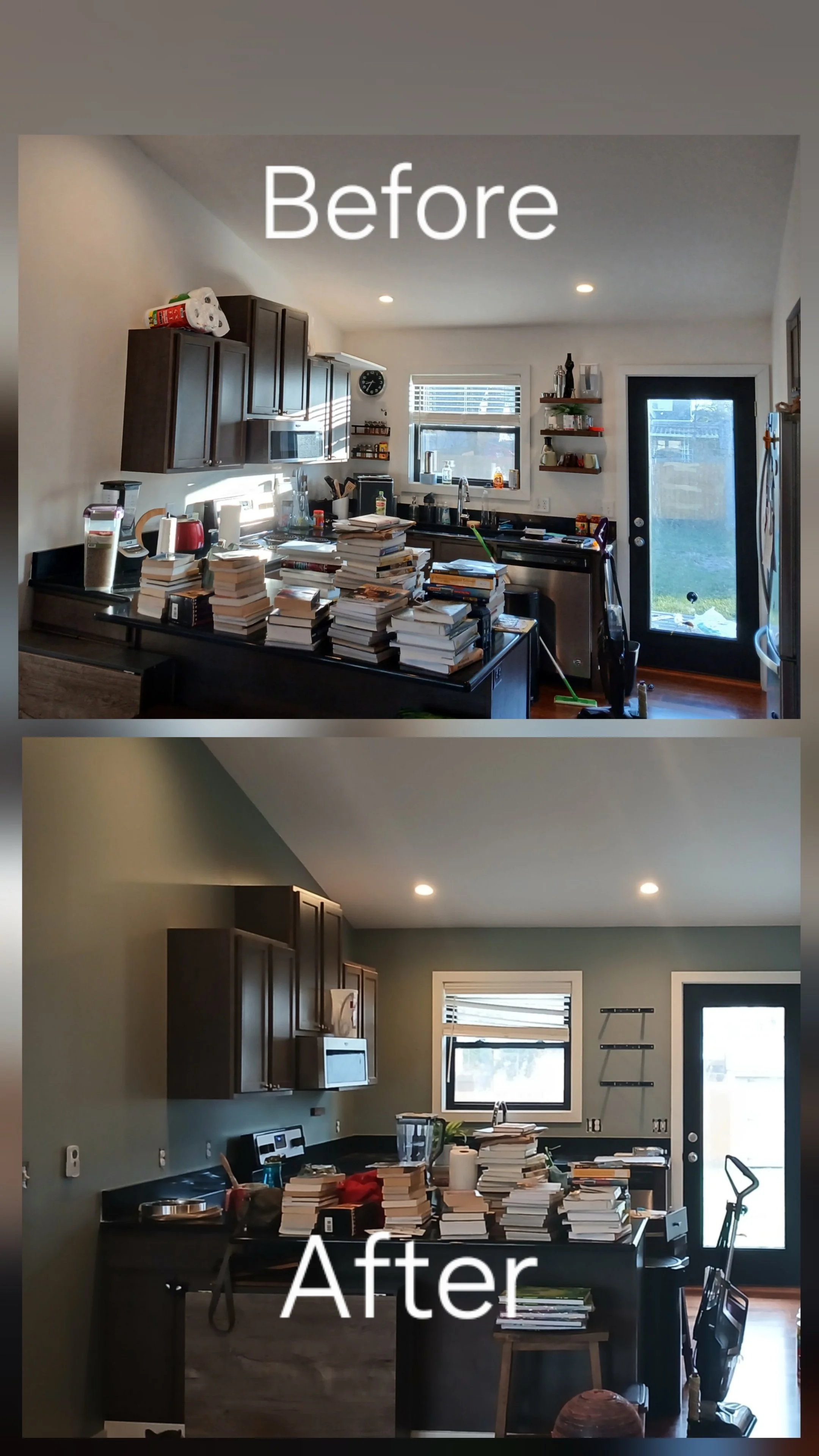 A side-by-side comparison of a kitchen before and after cleaning or organizing. The 'Before' image shows a cluttered countertop with stacks of books, kitchen appliances, and cleaning supplies. The 'After' image shows a tidier kitchen with fewer items