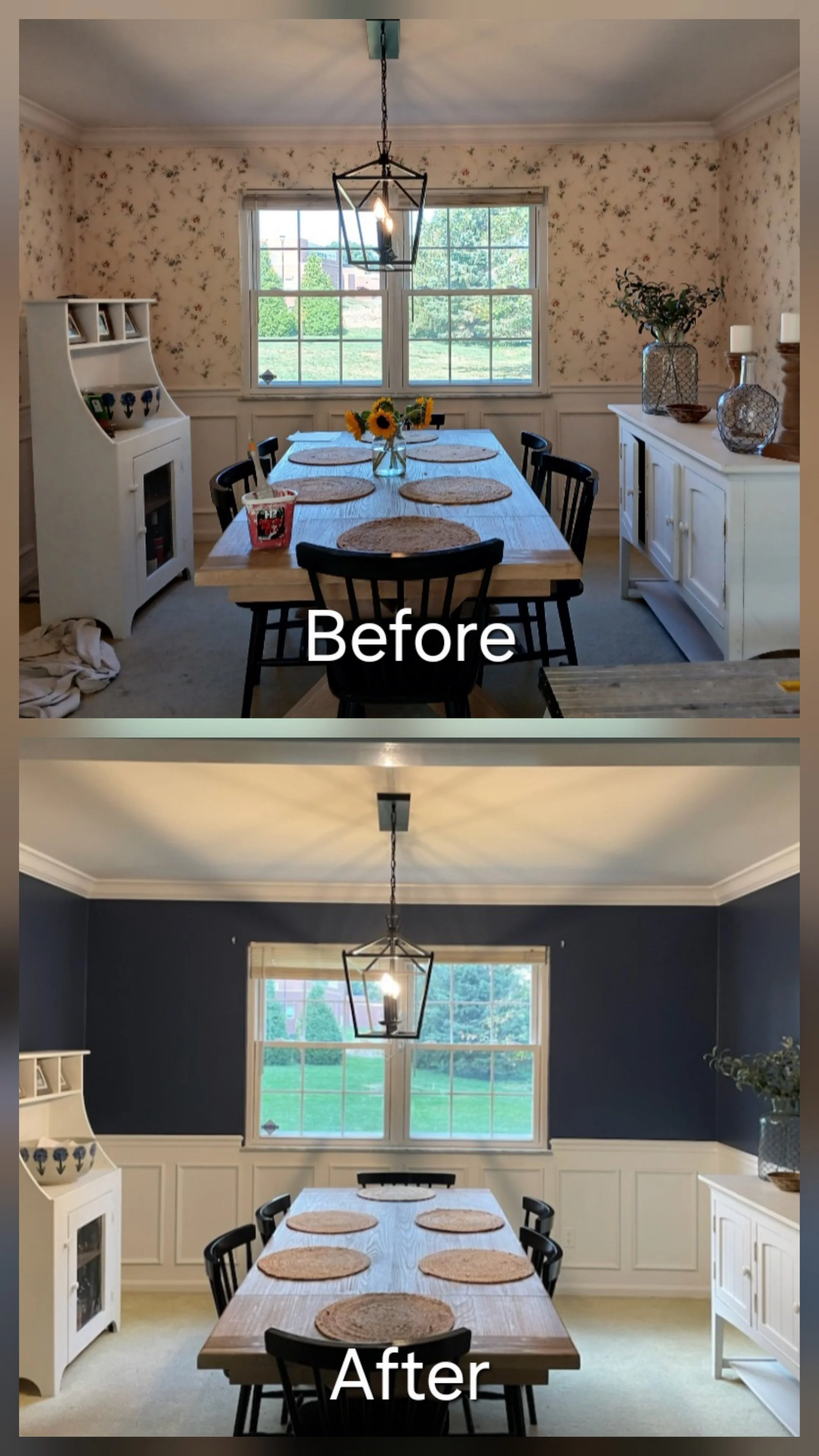 A dining room before and after renovation showing a change from floral wallpaper and beige walls to dark blue walls, with updated white wainscoting and a fresh appearance.